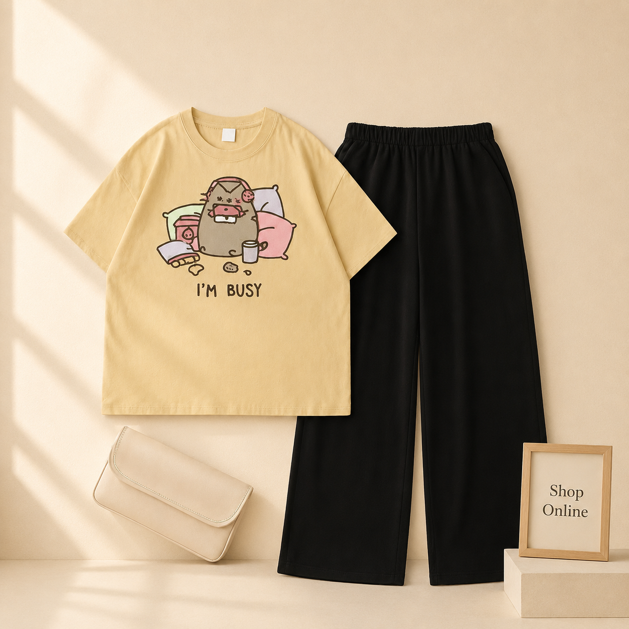 BEIGE TSHIRT IM BUSY CARTOON WITH BLACK FLAPPER