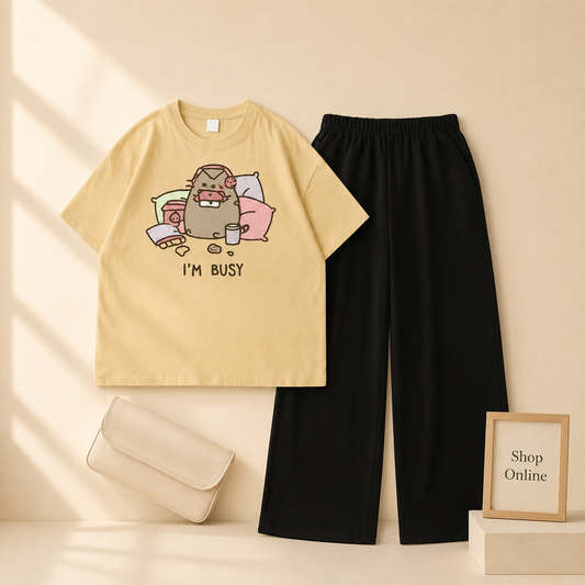 BEIGE TSHIRT IM BUSY CARTOON WITH BLACK FLAPPER