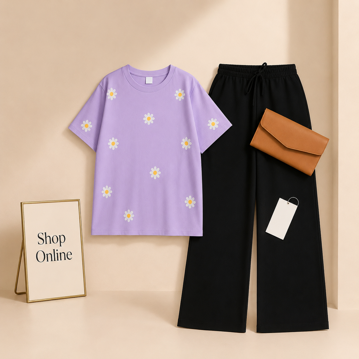 LILAC TSHIRT SUNFLOWER ALL OVER WITH BLACK FLAPPER