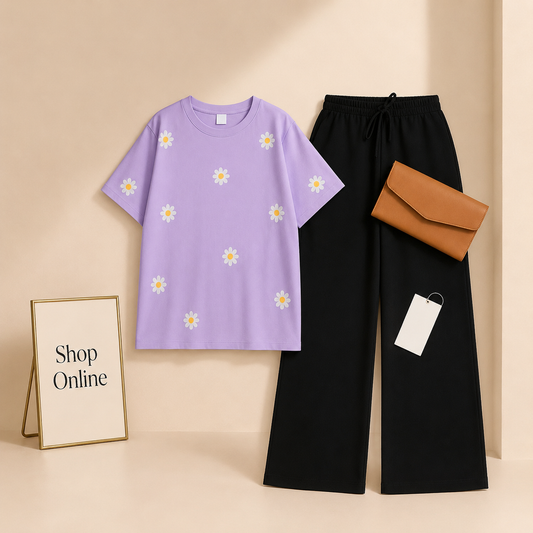 LILAC TSHIRT SUNFLOWER ALL OVER WITH BLACK FLAPPER