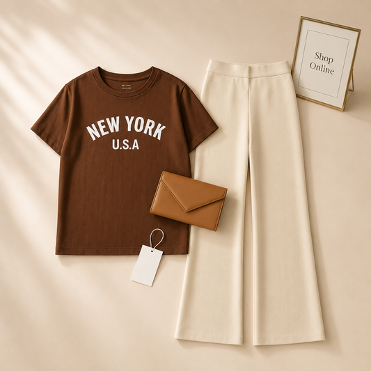 BROWN TSHIRT NEW YORK USA WITH BEIGE FLAPPER