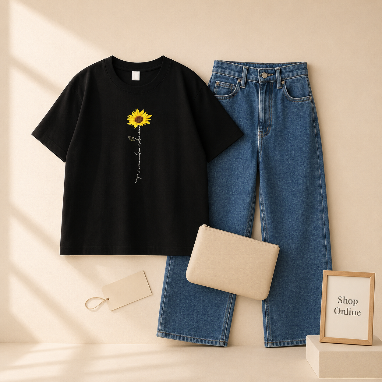 BLACK TSHIRT SUNFLOWER YOU ARE MY SUNSHINE WITH MID BLUE WIDE LEG JEANS