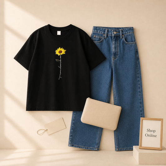 BLACK TSHIRT SUNFLOWER YOU ARE MY SUNSHINE WITH MID BLUE WIDE LEG JEANS