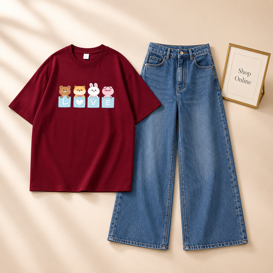 MAROON TSHIRT LOVE CARTOONS WITH MID BLUE WIDE LEG JEANS