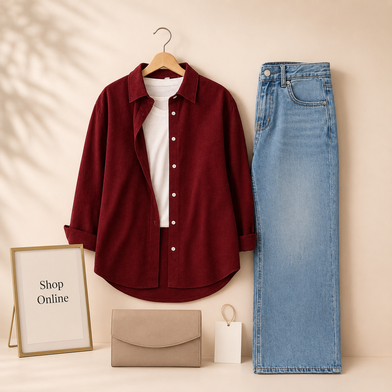 MAROON BUTTON DOWN SHIRT WITH INNER WITH ICE BLUE WIDE LEG JEANS