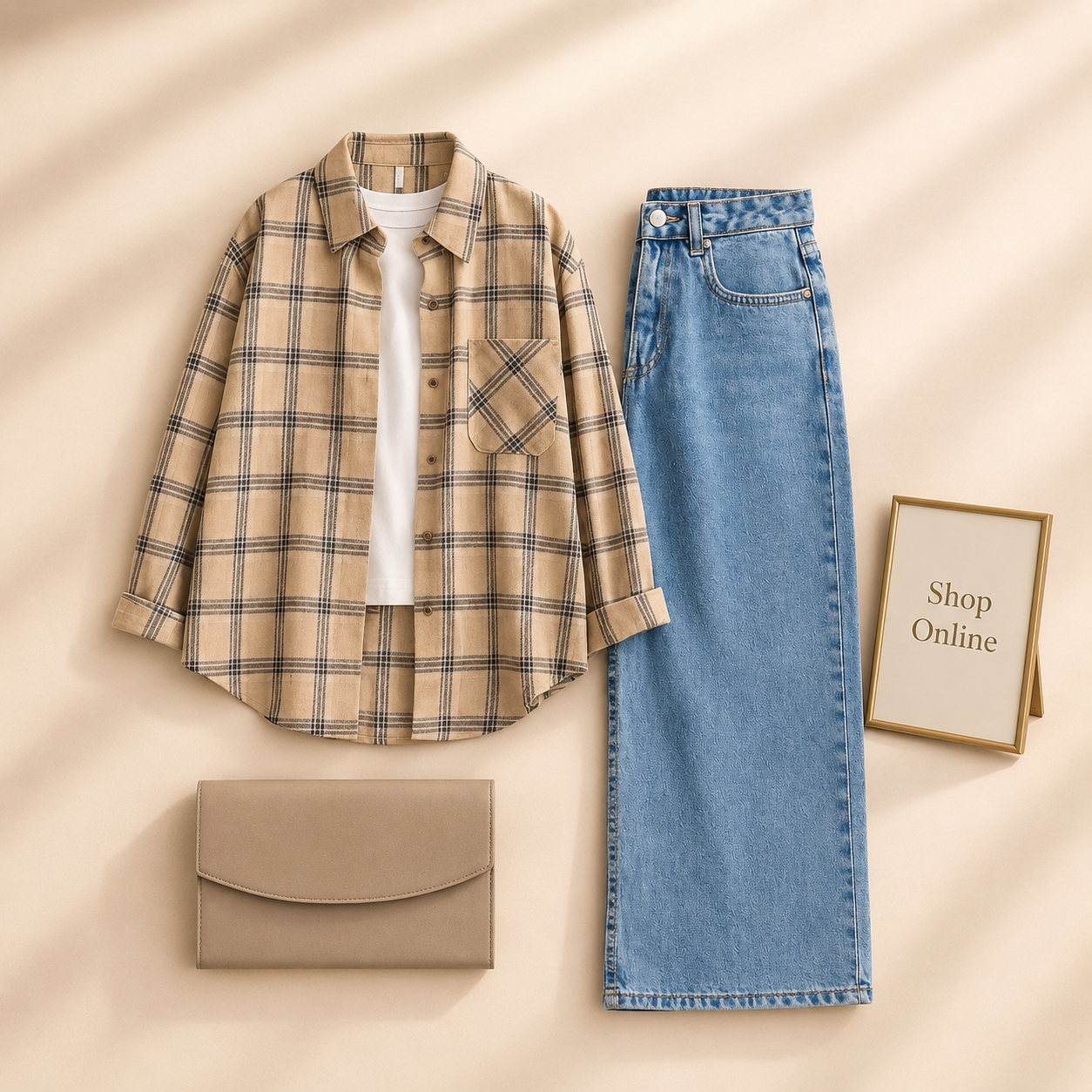 BEIGE CHECK BUTTON DOWN SHIRT WITH INNER WITH ICE BLUE WIDE LEG JEANS