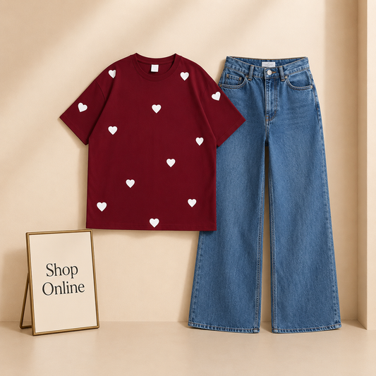 MAROON TSHIRT FILLED HEARTS ALLOVER WITH MID BLUE WIDE LEG JEANS