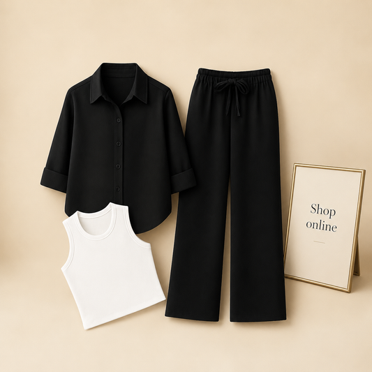 BLACK BUTTON SHIRT WITH BLACK FLAPPER AND WHITE TANK TOP