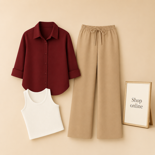 MAROON BUTTON SHIRT WITH BEIGE FLAPPER AND WHITE TANK TOP