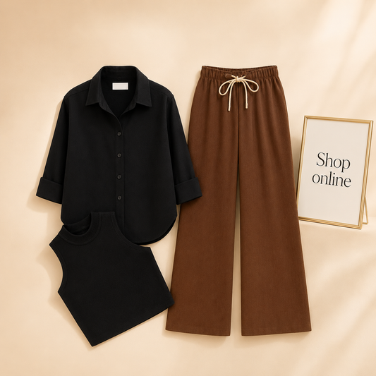 BLACK BUTTON SHIRT WITH BROWN FLAPPER AND BLACK TANK TOP