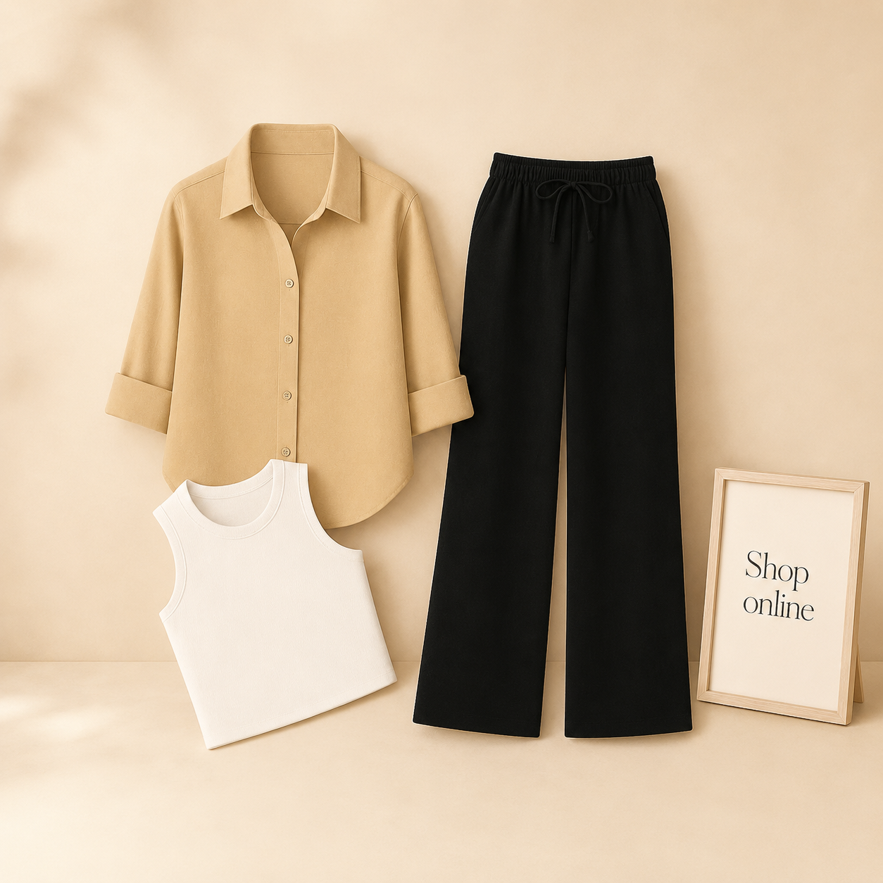BEIGE BUTTON SHIRT WITH BLACK FLAPPER AND WHITE TANK TOP