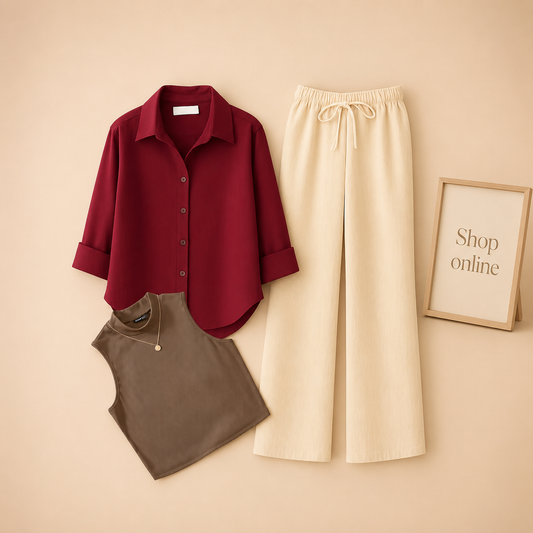 MAROON BUTTON SHIRT WITH BEIGE FLAPPER AND BROWN TANK TOP