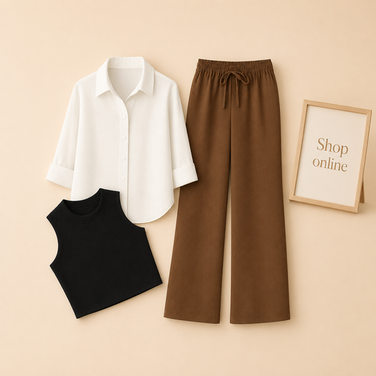 WHITE BUTTON SHIRT WITH BROWN FLAPPER AND BLACK TANK TOP