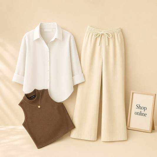 WHITE BUTTON SHIRT WITH BEIGE  FLAPPER AND BROWN TANK TOP