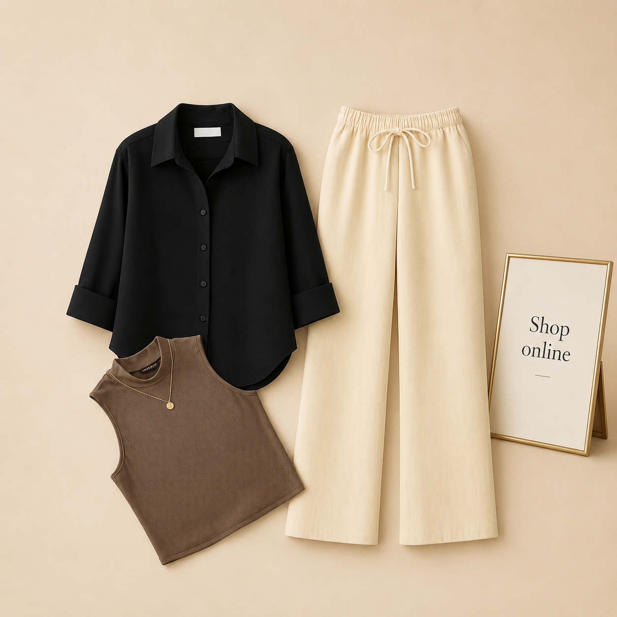 BLACK BUTTON WITH BEIGE FLAPPER AND BROWN TANK TOP