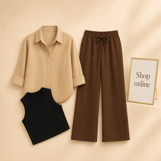 BEIGE BUTTON SHIRT WITH BROWN FLAPPER AND BLACK TANK TOP