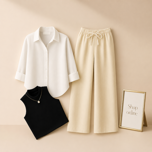 WHITE BUTTON SHIRT WITH BEIGE FLAPPER AND BLACK TANK TOP