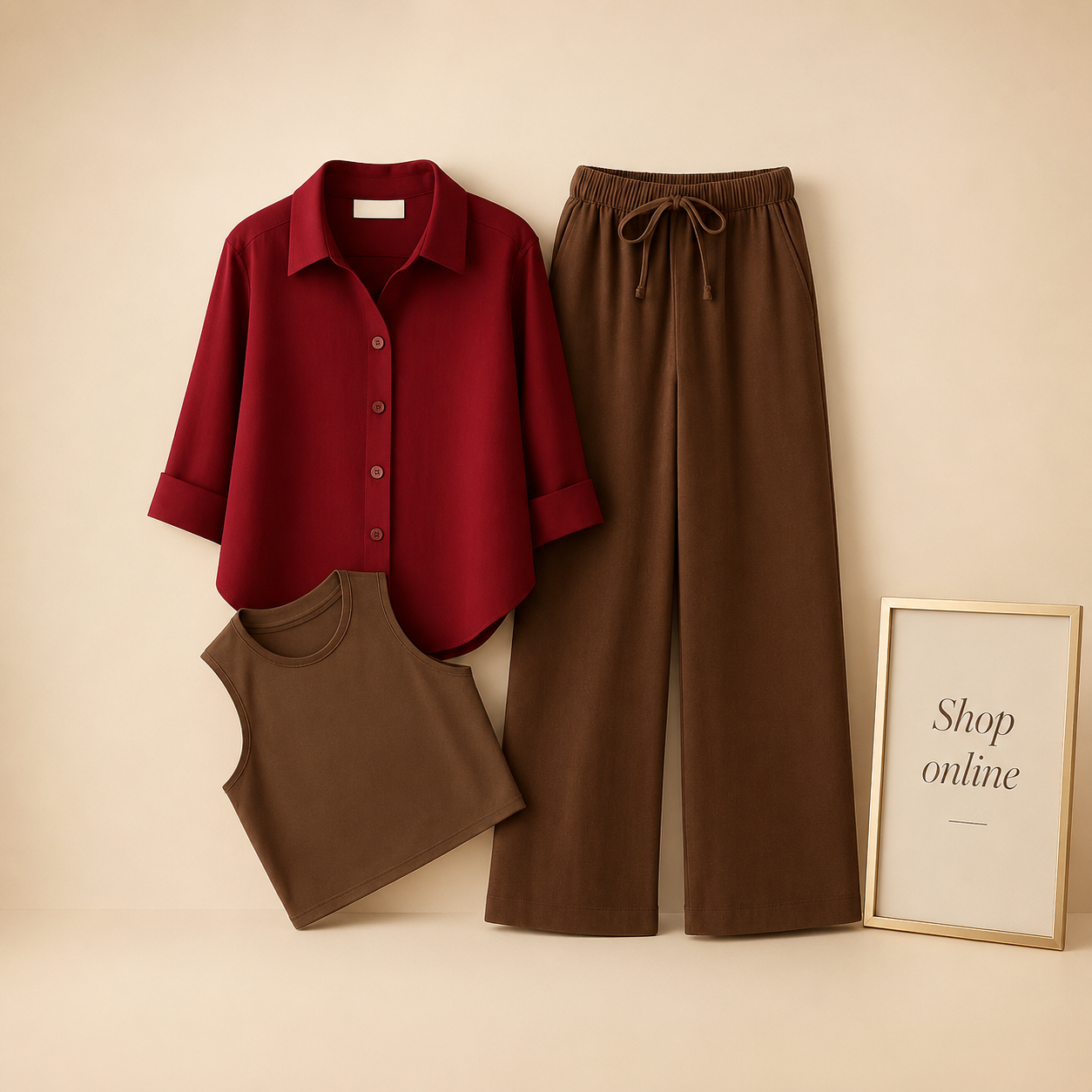 MAROON BUTTON SHIRT WITH BROWN  FLAPPER AND BROWN TANK TOP