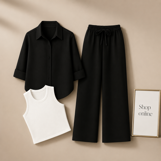 BLACK BUTTON SHIRT WITH BLACK  FLAPPER AND WHITE TANK TOP