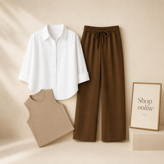 WHITE BUTTON SHIRT WITH BROWN FLAPPER AND BEIGE TANK TOP