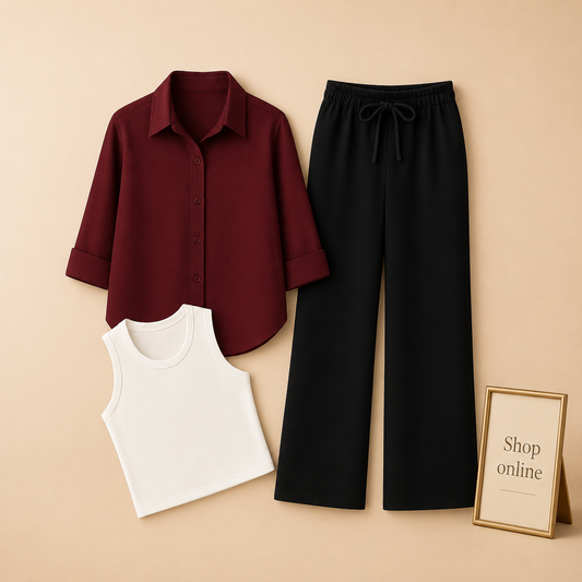 MAROON BUTTON SHIRT WITH BLACK FLAPPER AND WHITE TANK TOP