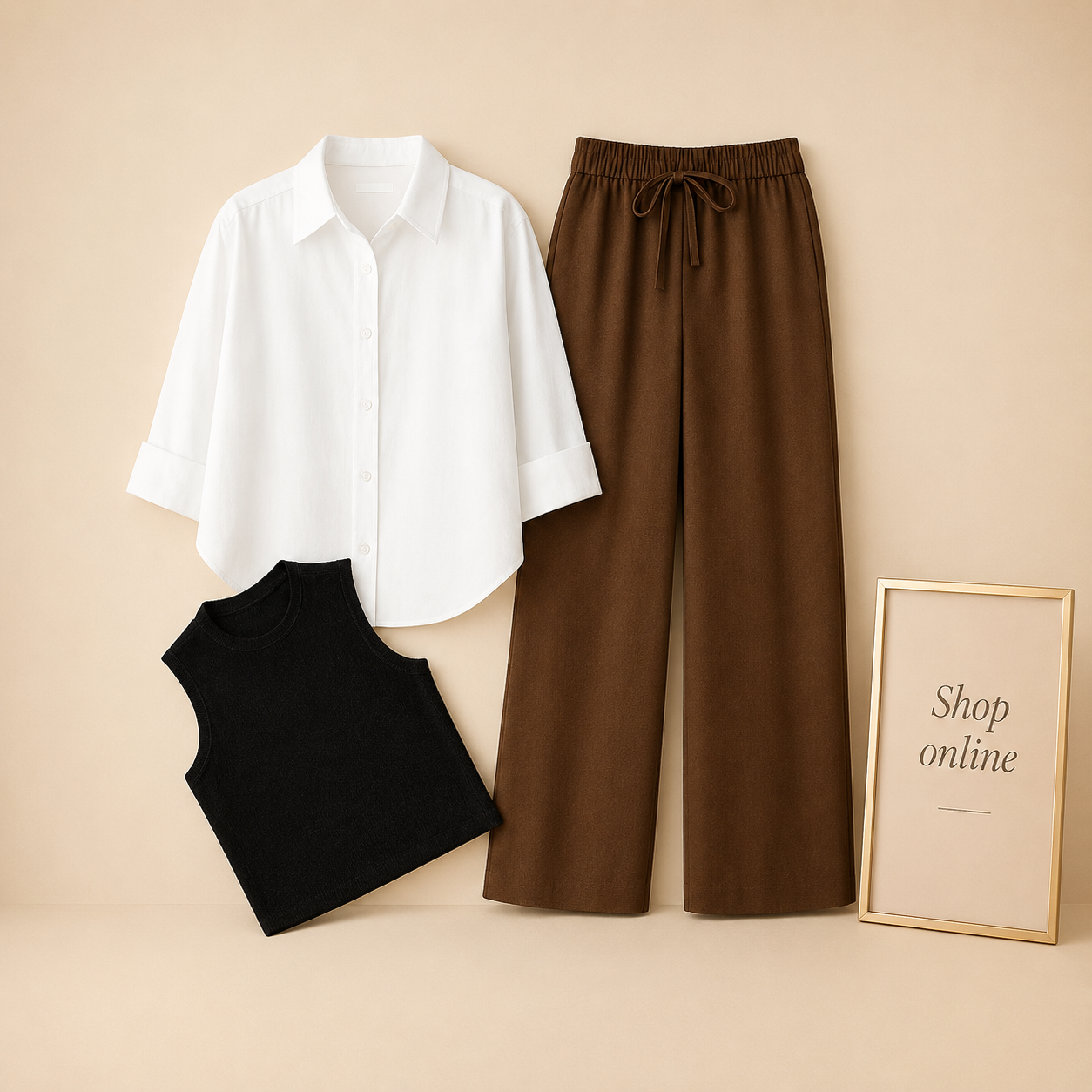 WHITE BUTTON SHIRT WITH BROWN FLAPPER AND BLACK TANK TOP