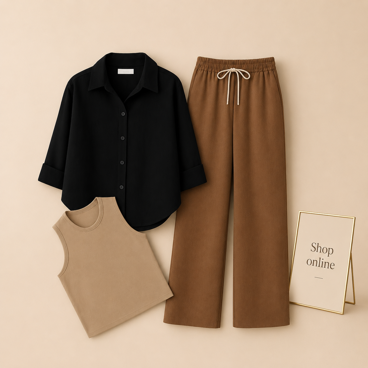 BLACK BUTTON SHIRT WITH BROWN FLAPPER AND BEIGE TANK TOP
