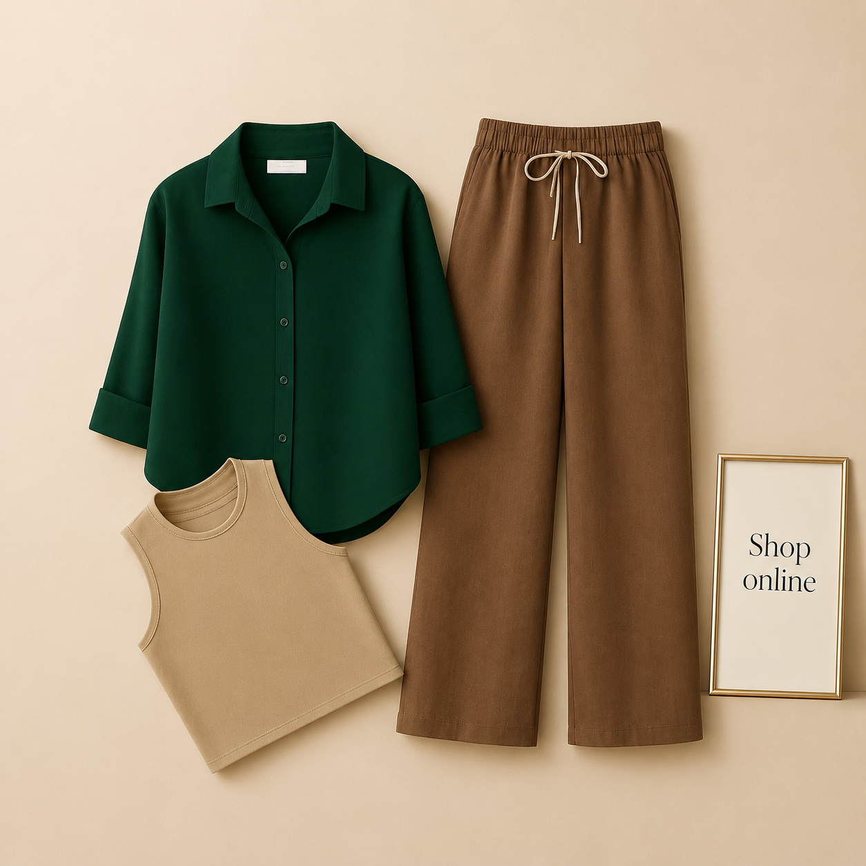 BOTTLE GREEN BUTTON SHIRT WITH BROWN FLAPPER AND BEIGE TANK TOP