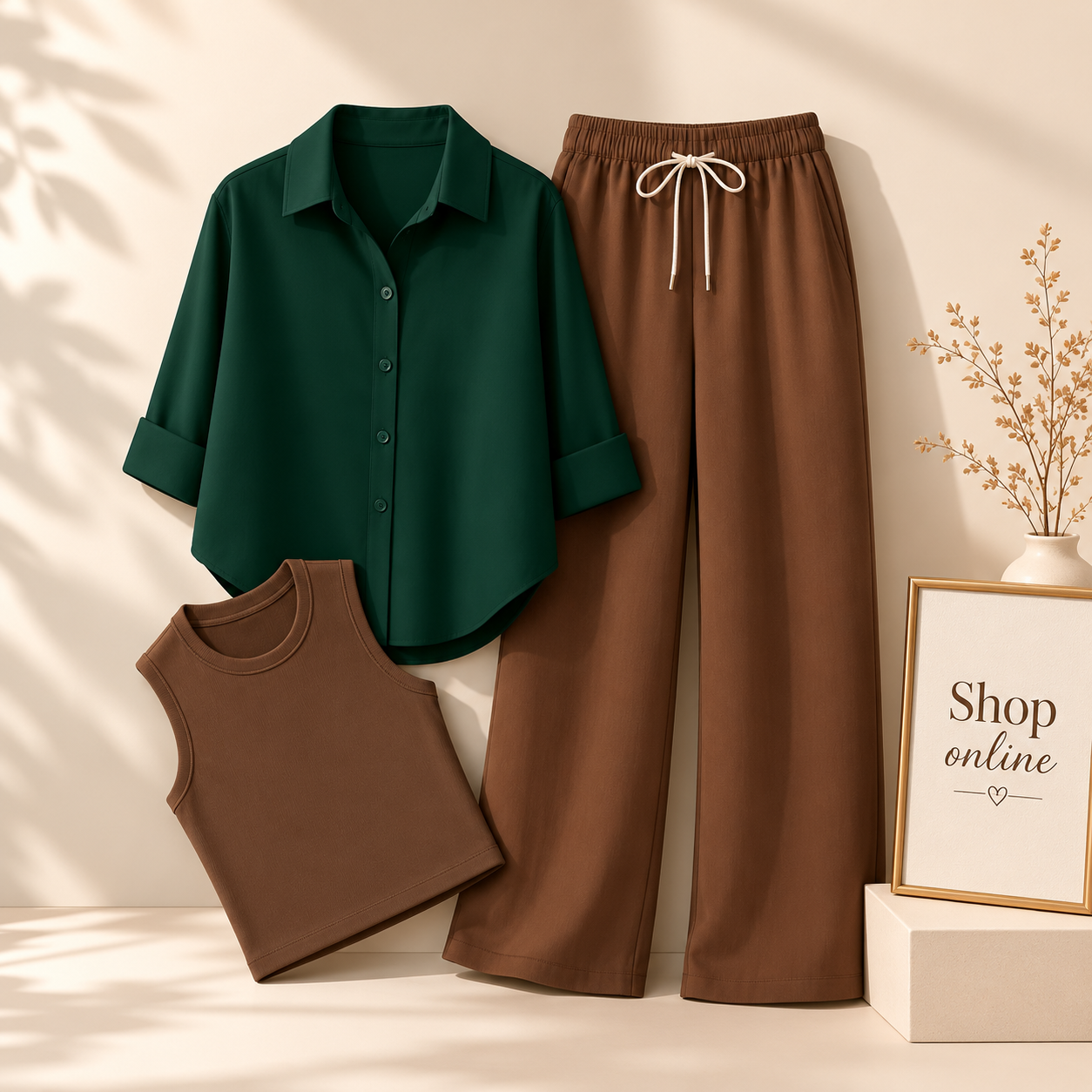 BOTTLE GREEN BUTTON SHIRT WITH BROWN FLAPPER AND BROWN TANK TOP