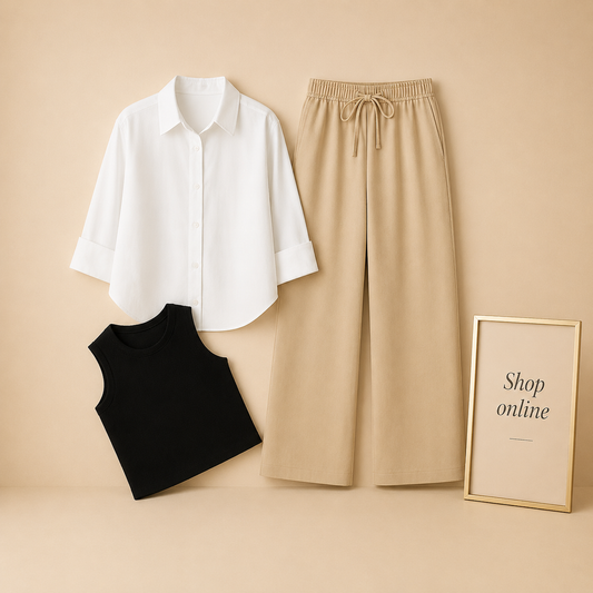 WHITE BUTTON SHIRT WITH BEIGE FLAPPER AND BLACK TANK TOP