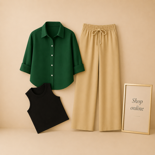 BOTTLE GREEN BUTTON SHIRT WITH BEIGE FLAPPER AND BLACK TANK TOP