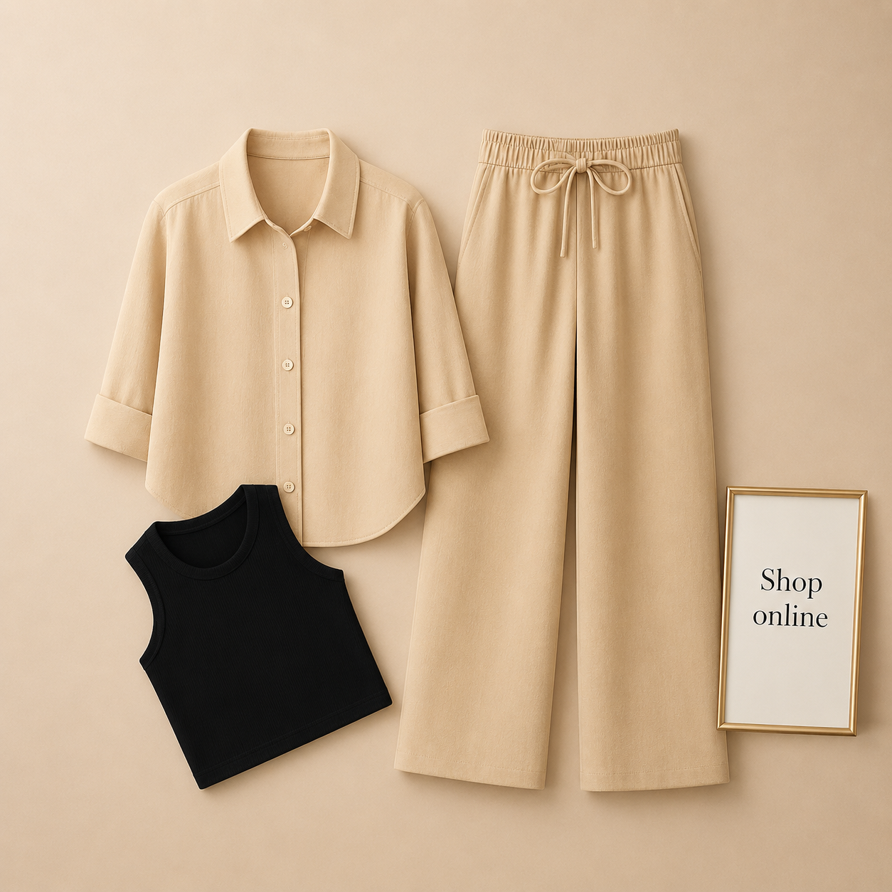 BEIGE BUTTON SHIRT WITH BEIGE FLAPPER AND BLACK TANK TOP