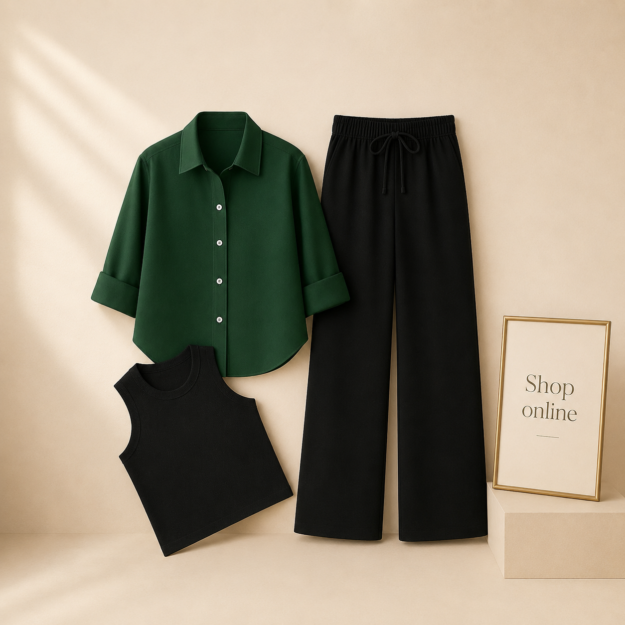BOTTLE GREEN BUTTON SHIRT WITH BLACK FLAPPER AND BLACK TANK TOP