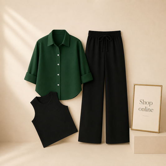 BOTTLE GREEN BUTTON SHIRT WITH BLACK FLAPPER AND BLACK TANK TOP