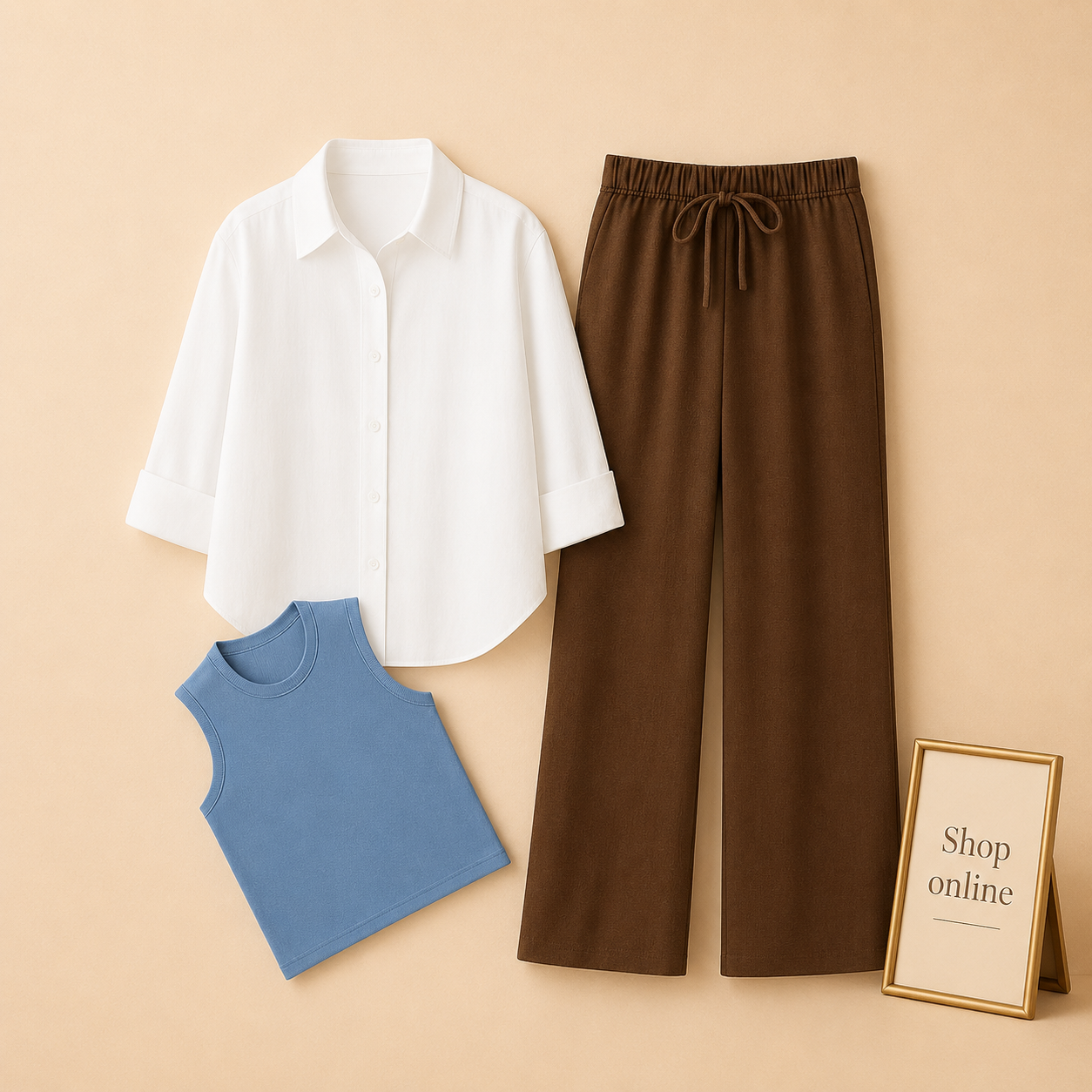 WHITE BUTTON SHIRT WITH BROWN FLAPPER AND SKY BLUE TANK TOP