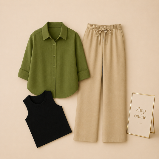 OLIVE GREEN BUTTON SHIRT WITH BEIGE FLAPPER AND BLACK TANK TOP