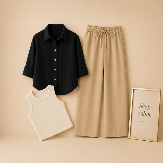 BLACK BUTTON SHIRT WITH BEIGE FLAPPER AND WHITE TANK TOP