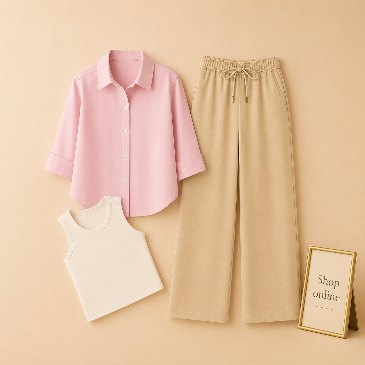 BABY PINK BUTTON SHIRT WITH BEIGE FLAPPER AND WHITE TANK TOP