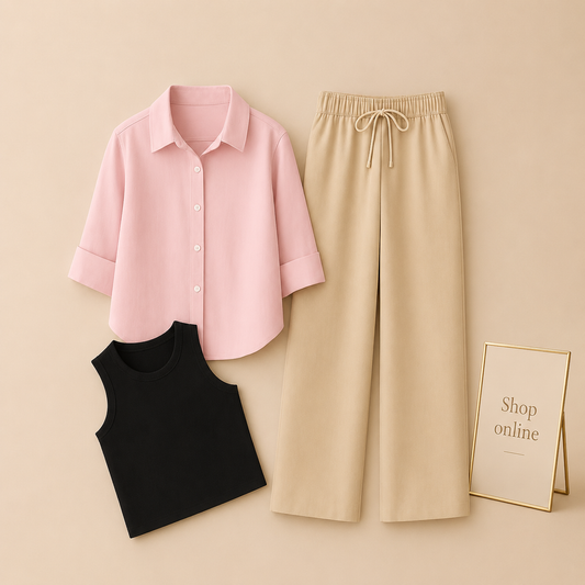 BABY PINK BUTTON SHIRT WITH BEIGE FLAPPER AND BLACK TANK TOP