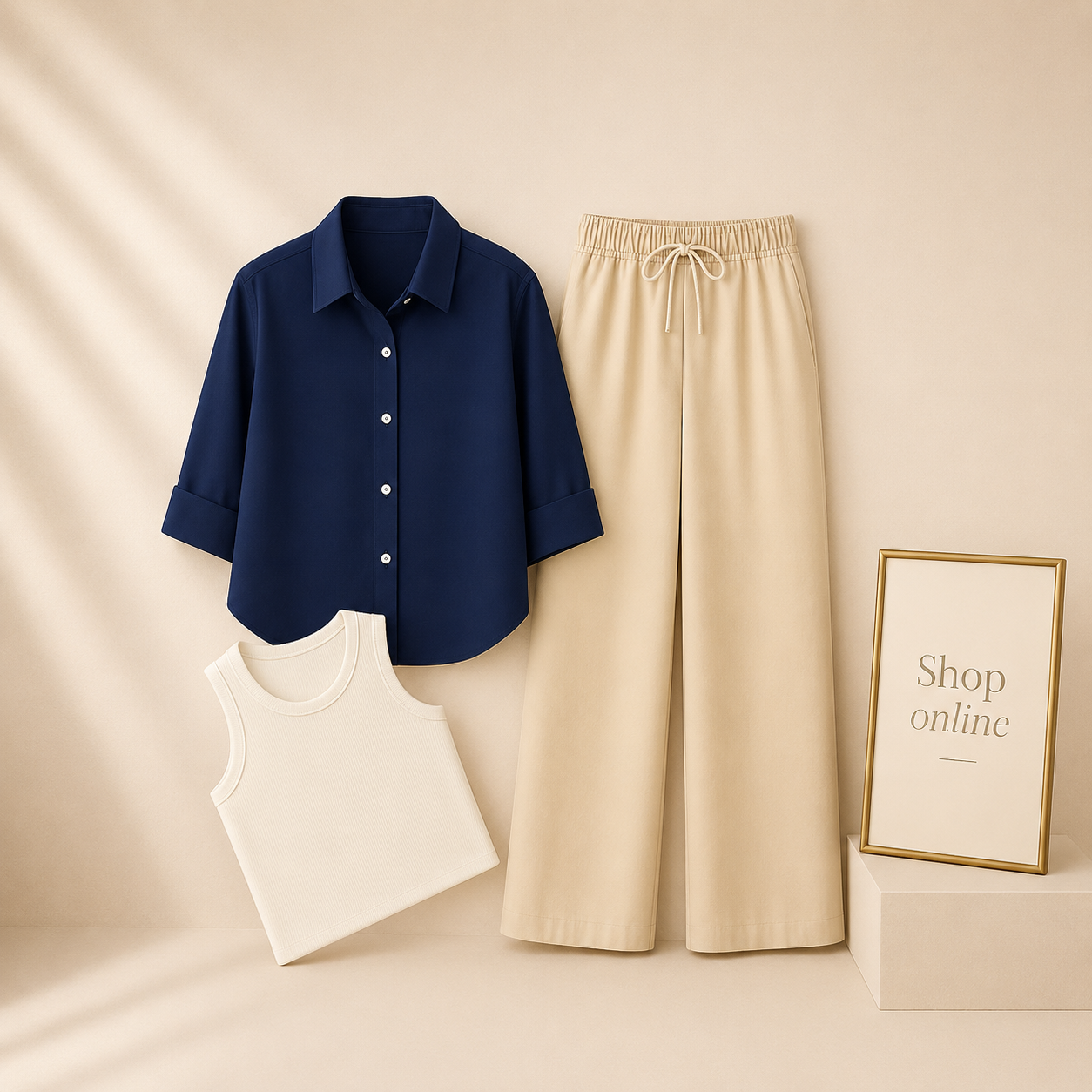 NAVY BLUE BUTTON SHIRT WITH BEIGE FLAPPER AND WHITE TANK TOP