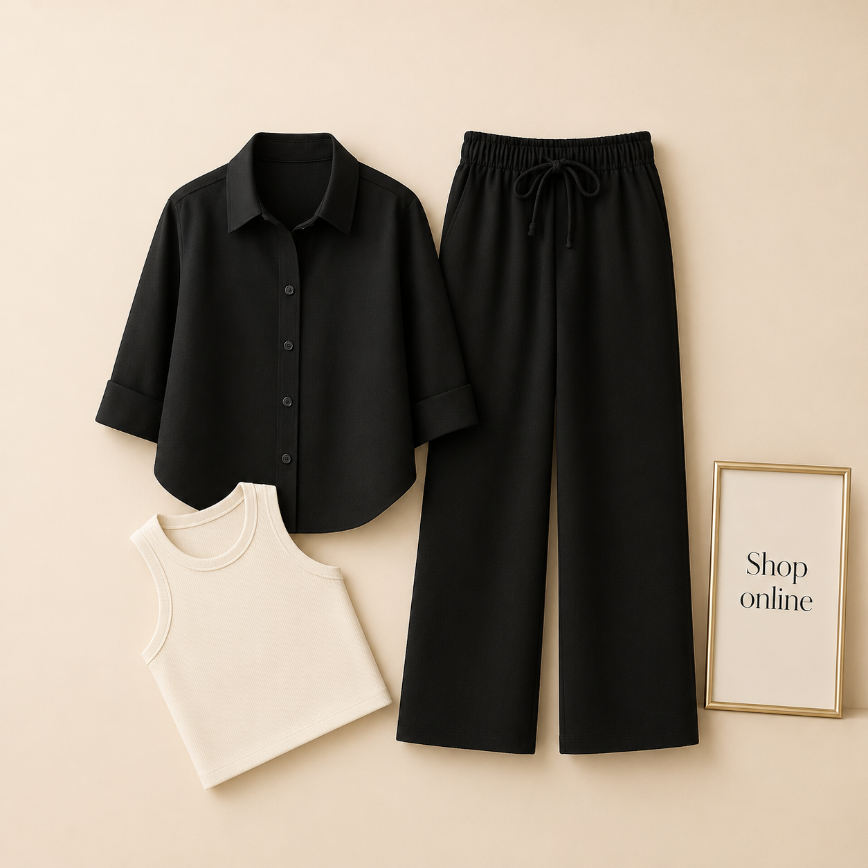 BLACK BUTTON SHIRT WITH BLACK FLAPPER AND WHITE TANK TOP