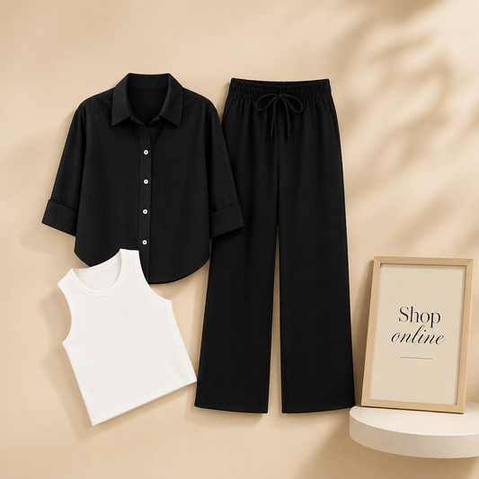BLACK BUTTON SHIRT WITH BLACK FLAPPER AND WHITE TANK TOP