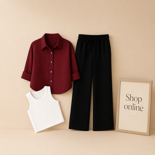 MAROON BUTTON SHIRT WITH BLACK FLAPPER AND WHITE TANK TOP