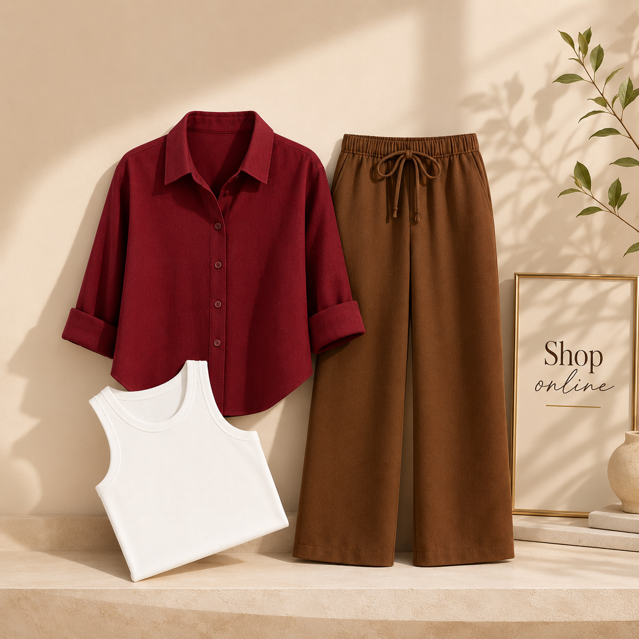 MAROON BUTTON SHIRT WITH BROWN FLAPPER AND WHITE TANK TOP
