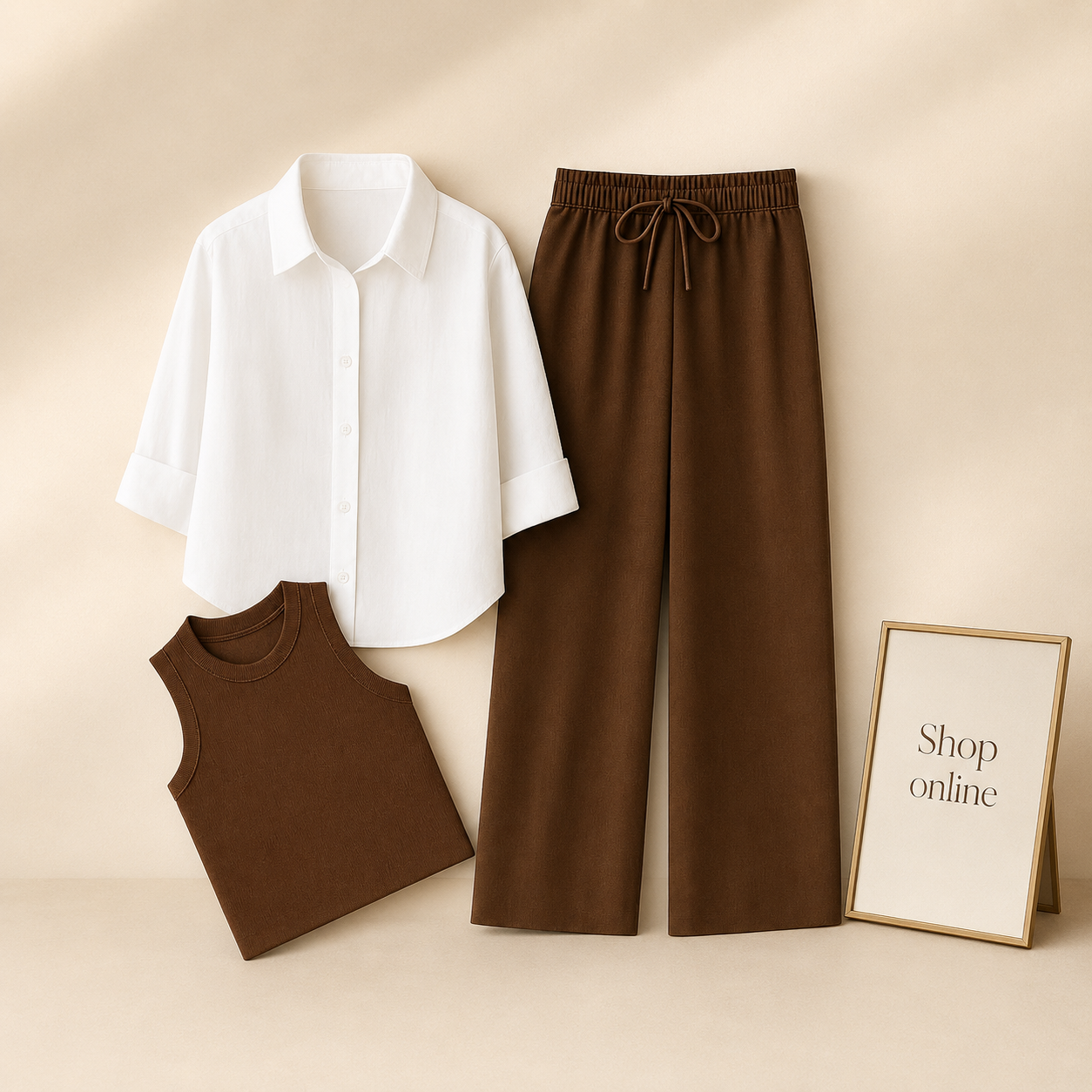 WHITE BUTTON SHIRT WITH BROWN FLAPPER AND BROWN TANK TOP