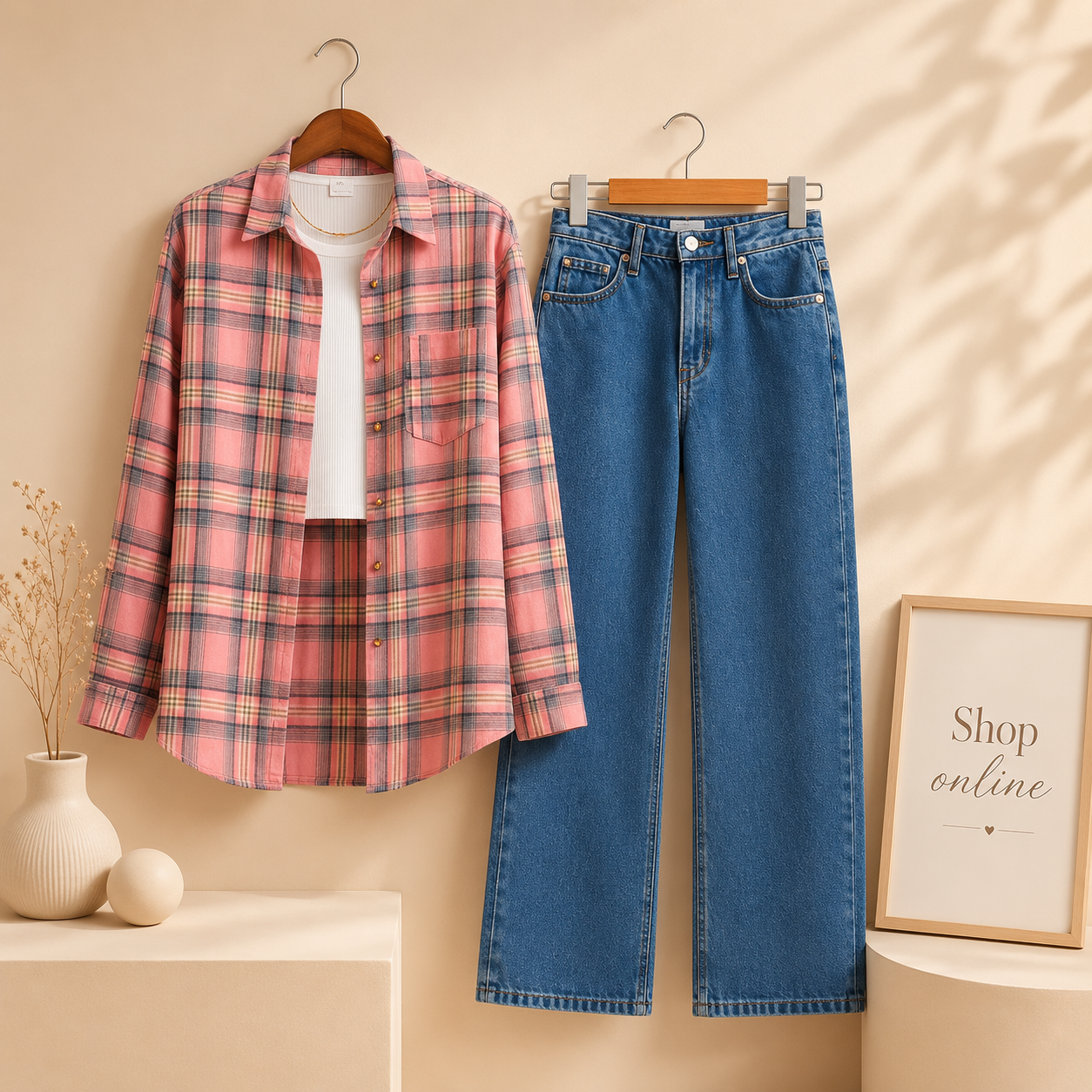 PINK BLACK CHECK SHIRT WITH SKY BLUE WIDE LEG AND WHITE TANK TOP