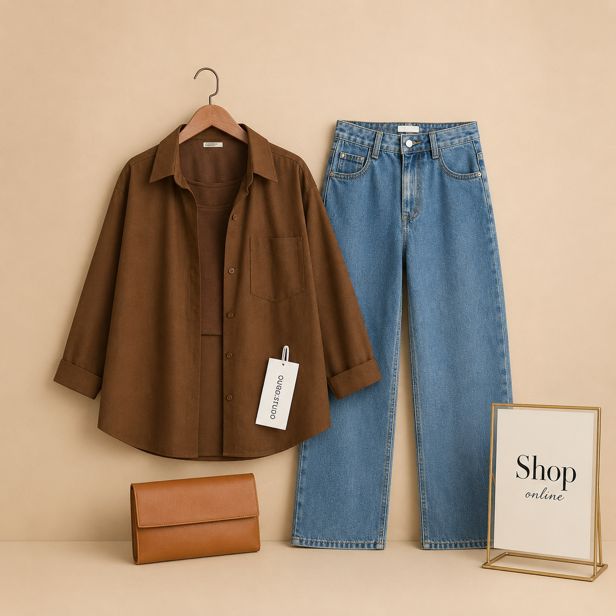 BROWN BUTTON DOWN SHIRT WITH SKY BLUE MID BLUE WIDE LEG JEANS AND BROWN TANK TOP
