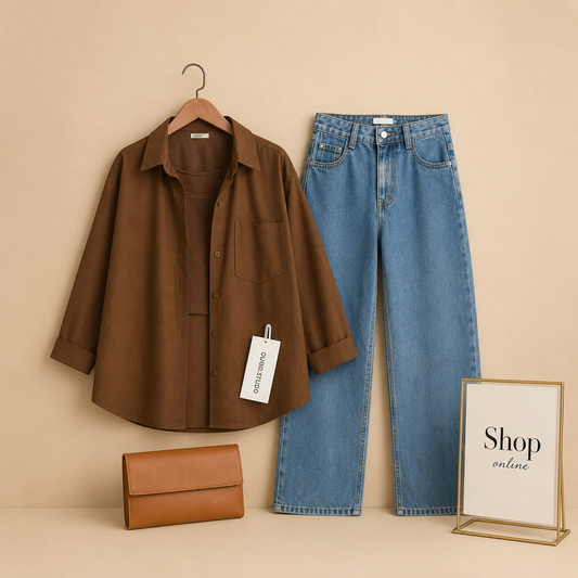 BROWN BUTTON DOWN SHIRT WITH SKY BLUE MID BLUE WIDE LEG JEANS AND BROWN TANK TOP