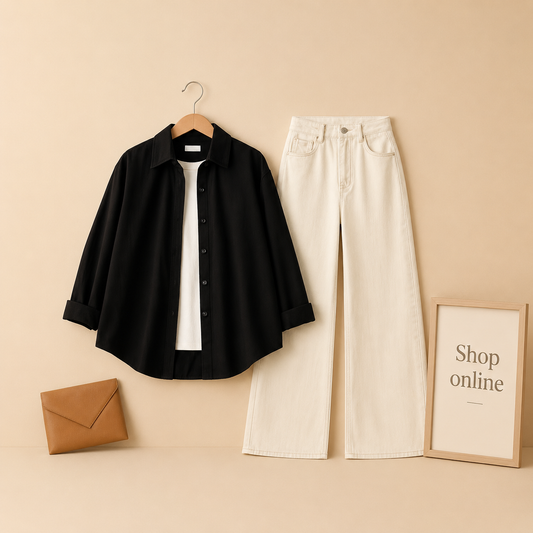 BLACK BUTTON DOWN SHIRT WITH WHITE WIDE LEG JEANS AND INNER