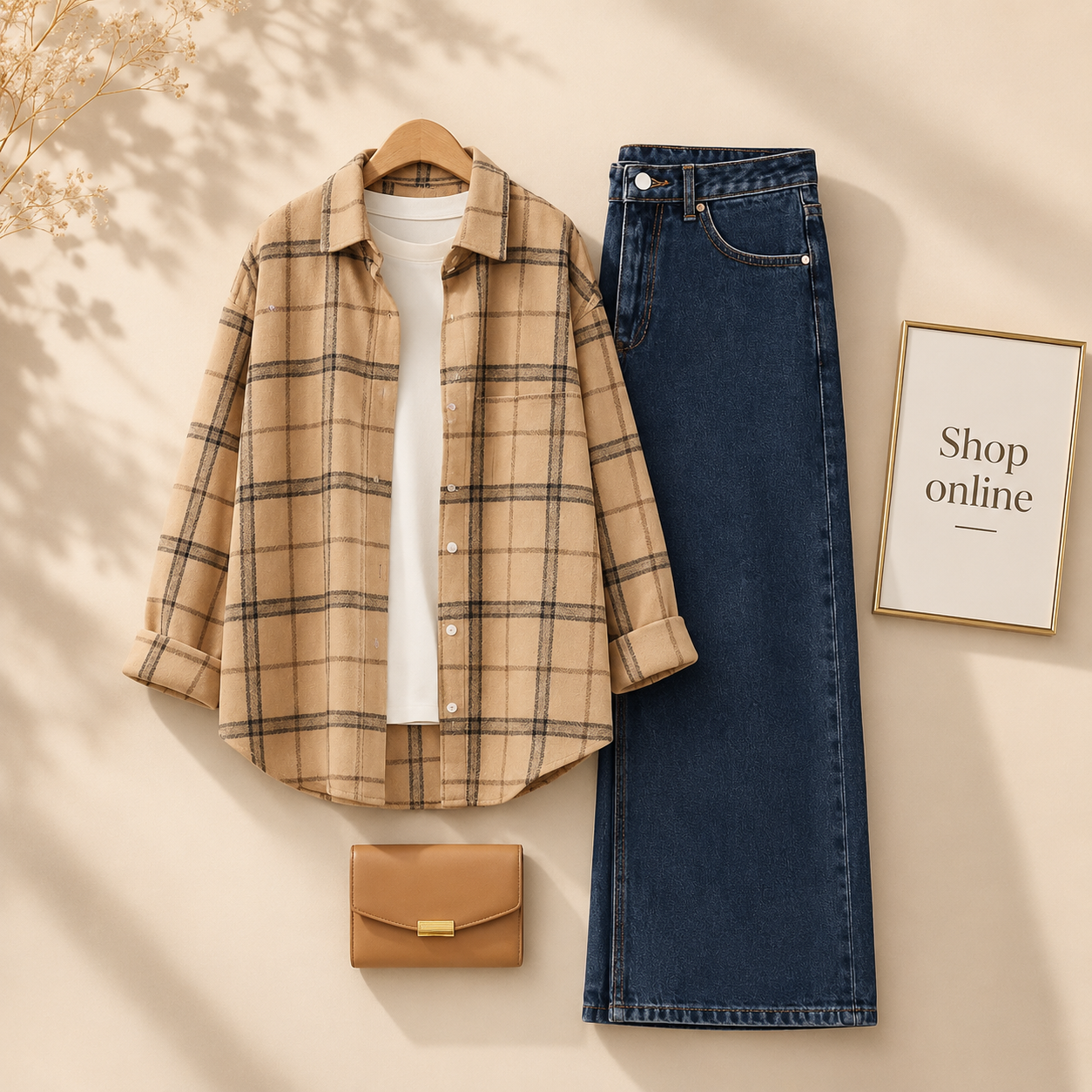 BIEGE CHECK SHIRT WITH INNER AND MID BLUE WIDE LEG JEANS